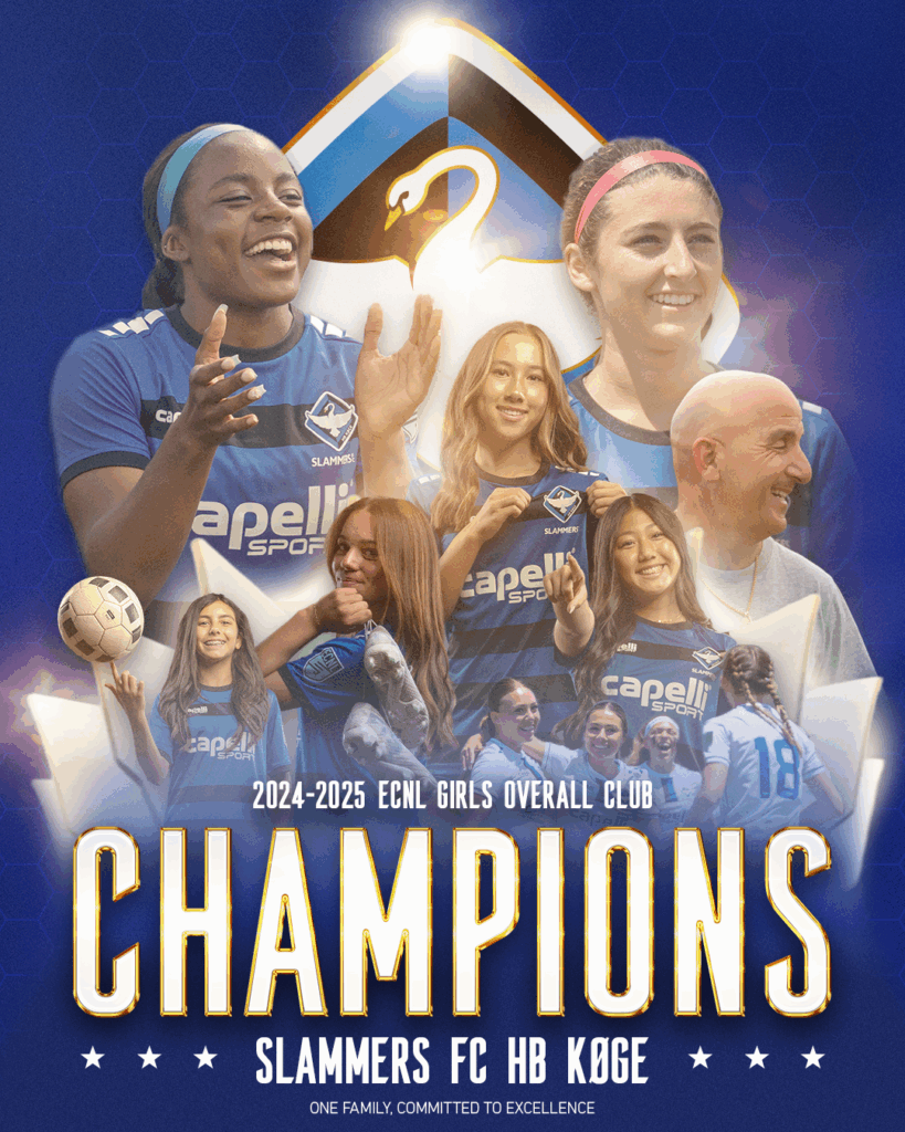 Collage of Slammers FC HB Køge players and coaches celebrating the club's sixth ECNL Girls Overall Club Championship